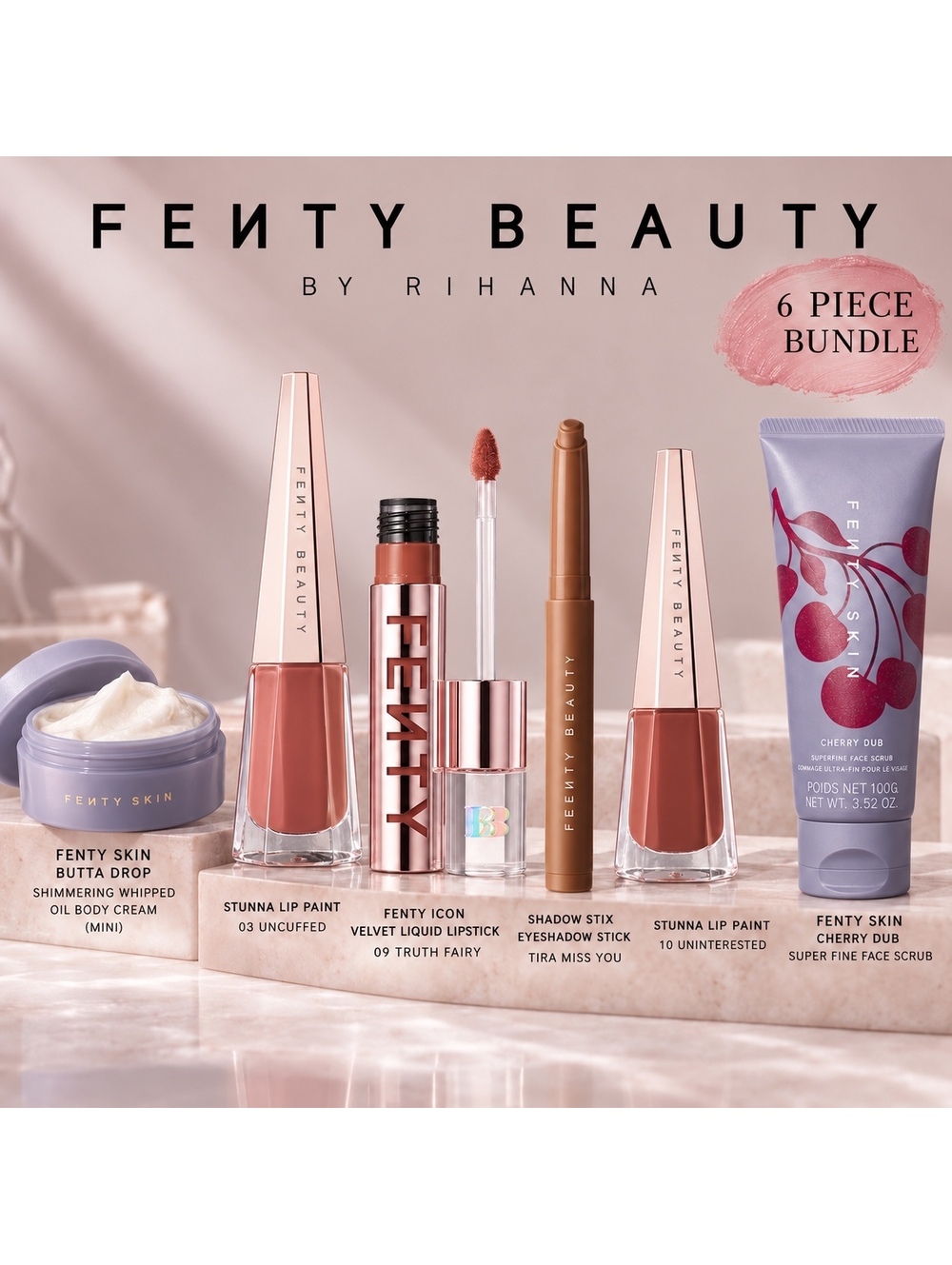 Fenty Beauty Bundle • Lip Gloss, Face Scrub, Body Butter, Eyeshadow $166 Value!